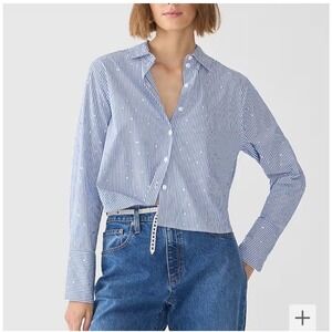 J. Crew Cropped Garcon Cotton Poplin Shirt Blue White Stripe with Crystals Sz 12